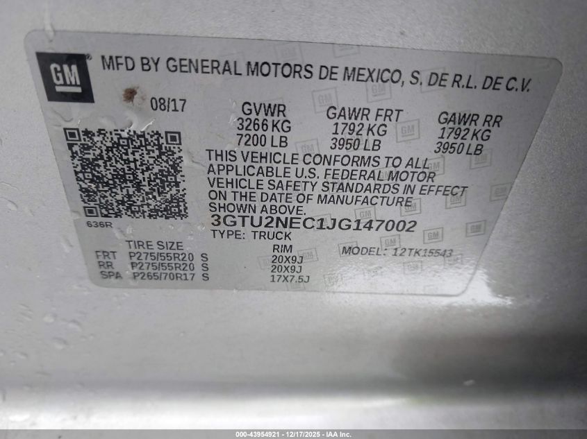 2018 GMC Sierra 1500 Slt VIN: 3GTU2NEC1JG147002 Lot: 43954921