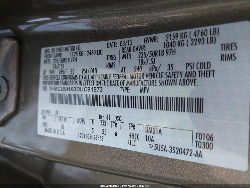 2013 Ford Escape Sel VIN: 1FMCU9HX0DUC91973 Lot: 43954922