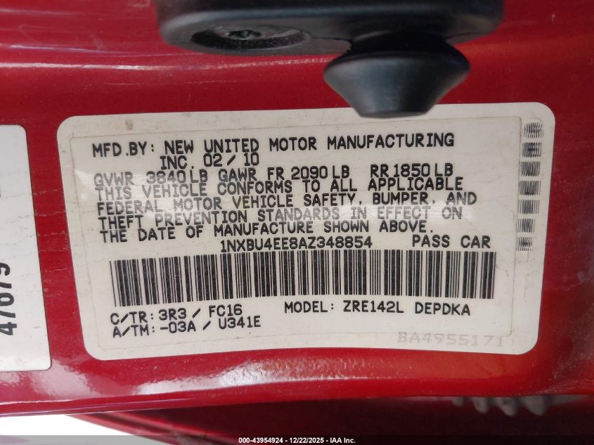 2010 Toyota Corolla Le VIN: 1NXBU4EE8AZ348854 Lot: 43954924