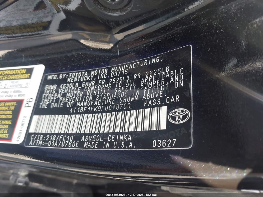 2015 Toyota Camry Le VIN: 4T1BF1FK9FU048700 Lot: 43954926