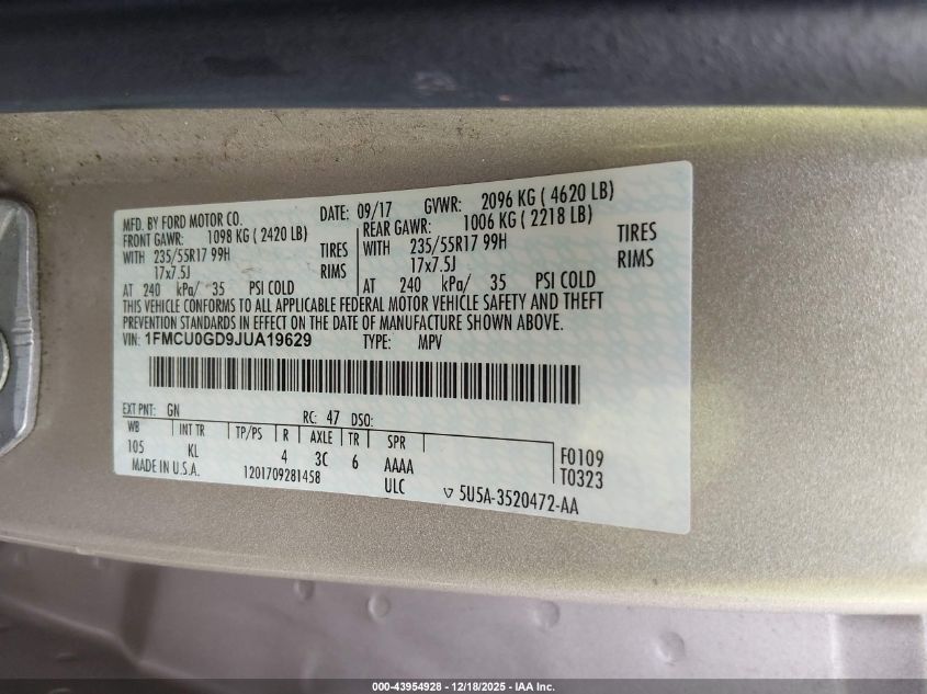 2018 Ford Escape Se VIN: 1FMCU0GD9JUA19629 Lot: 43954928