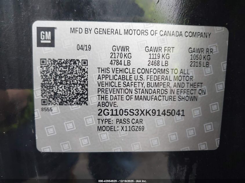 2019 Chevrolet Impala Premier VIN: 2G1105S3XK9145041 Lot: 43954929