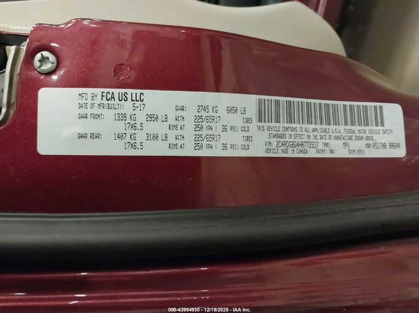 2017 Dodge Grand Caravan Se VIN: 02C4RDGBG4HR77293 Lot: 43954930