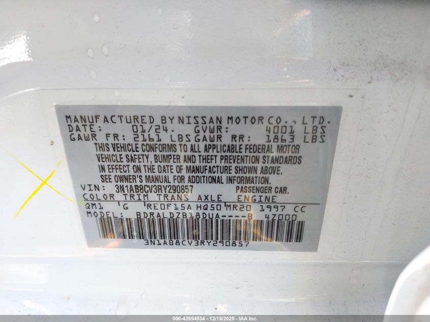 2024 Nissan Sentra Sv Xtronic Cvt VIN: 3N1AB8CV3RY290857 Lot: 43954934