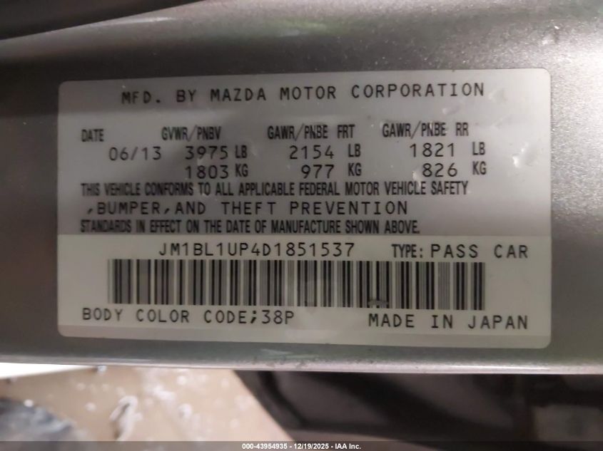 2013 Mazda Mazda3 I Sport VIN: JM1BL1UP4D1851537 Lot: 43954935