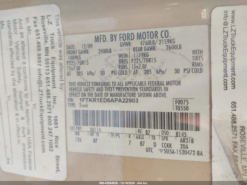 2010 Ford Ranger Xl/Xlt VIN: 1FTKR1ED6APA22903 Lot: 43954936