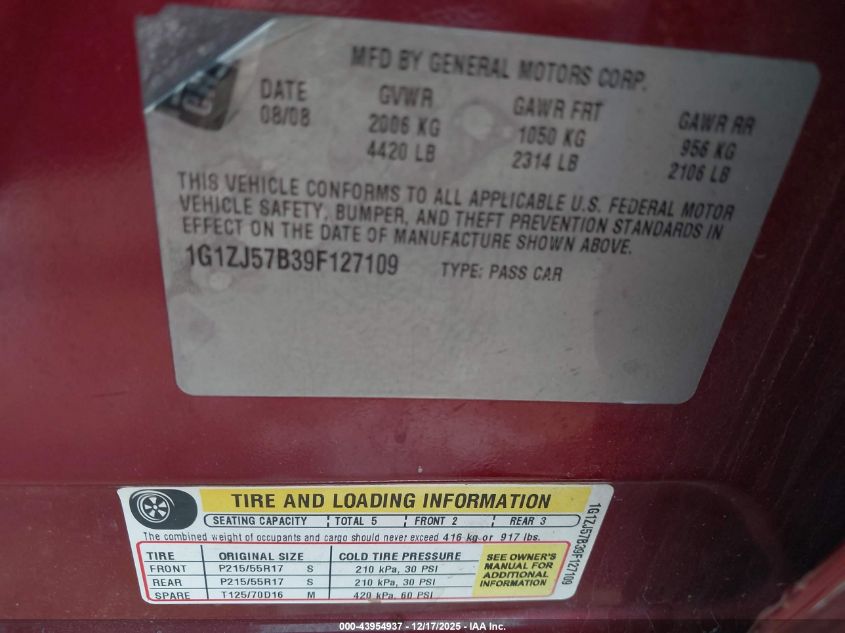 2009 Chevrolet Malibu Lt VIN: 1G1ZJ57B39F127109 Lot: 43954937