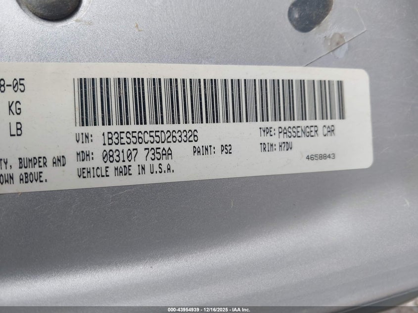 1B3ES56C55D263326 2005 DODGE NEON photo no. 9