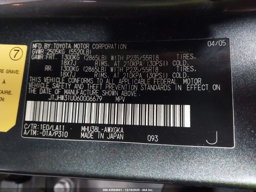 2006 Lexus Rx 400H VIN: JTJHW31U060006679 Lot: 43954941