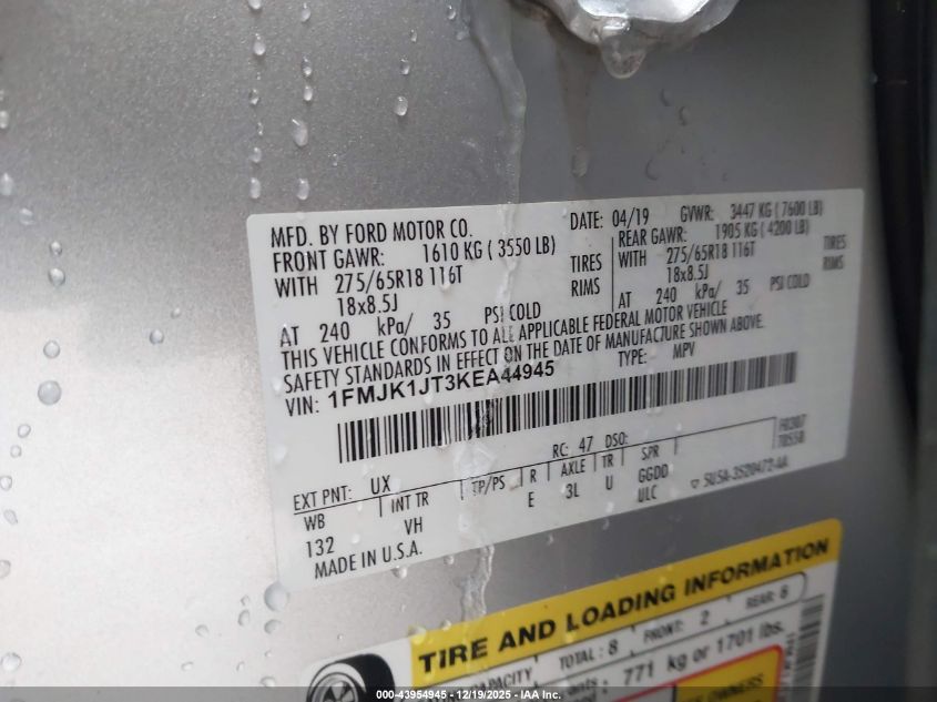 2019 Ford Expedition Max Xlt VIN: 1FMJK1JT3KEA44945 Lot: 43954945