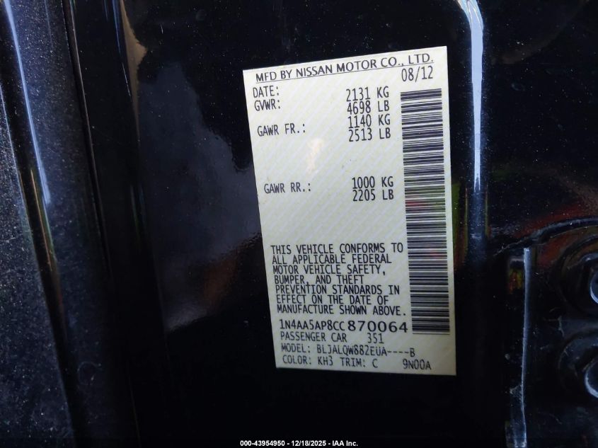 2012 Nissan Maxima 3.5 S VIN: 1N4AA5AP8CC870064 Lot: 43954950