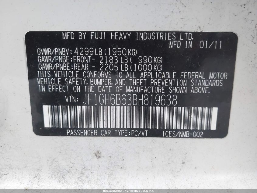 2011 Subaru Impreza 2.5I Premium VIN: JF1GH6B63BH819638 Lot: 43954951
