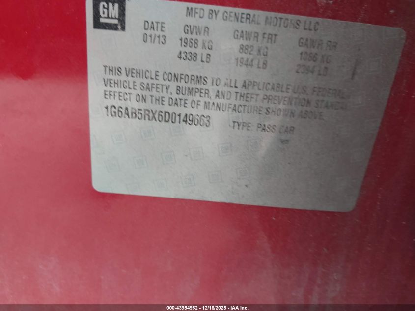 2013 Cadillac Ats Luxury VIN: 1G6AB5RX6D0149663 Lot: 43954952
