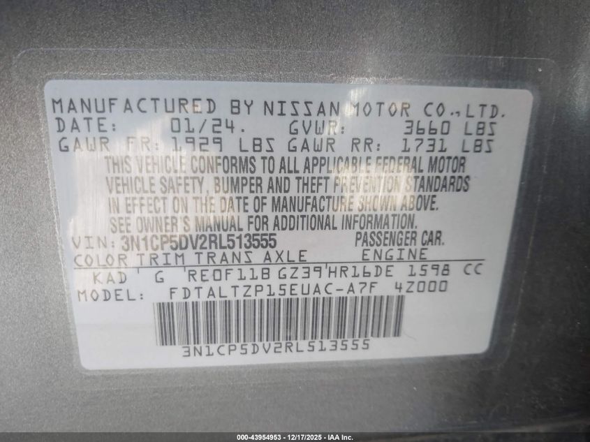 2024 Nissan Kicks Sr Xtronic Cvt VIN: 3N1CP5DV2RL513555 Lot: 43954953