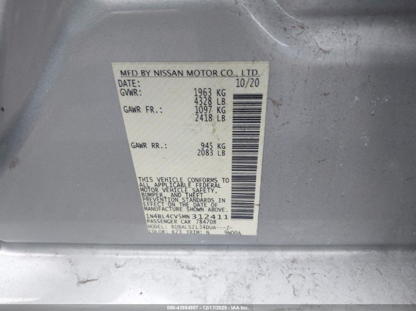 2021 Nissan Altima Sr Fwd VIN: 1N4BL4CV5MN312411 Lot: 43954957