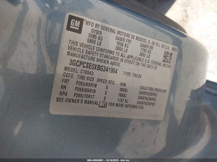 2011 Chevrolet Silverado 1500 Lt VIN: 3GCPCSE0XBG341964 Lot: 43954961