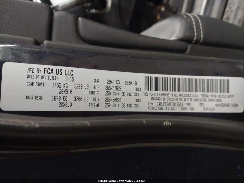 2015 Jeep Grand Cherokee Overland VIN: 1C4RJFCG0FC815516 Lot: 43954967