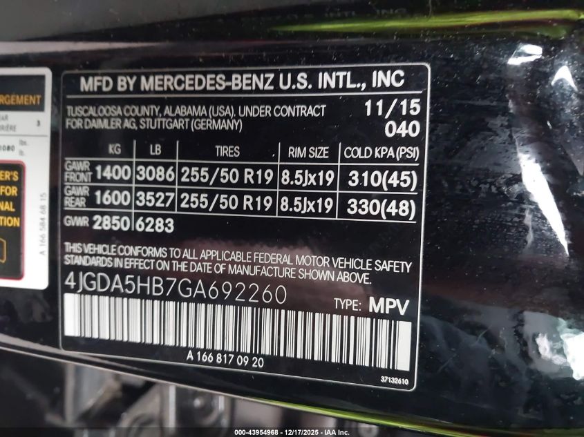 2016 Mercedes-Benz Gle 350 4Matic VIN: 4JGDA5HB7GA692260 Lot: 43954968