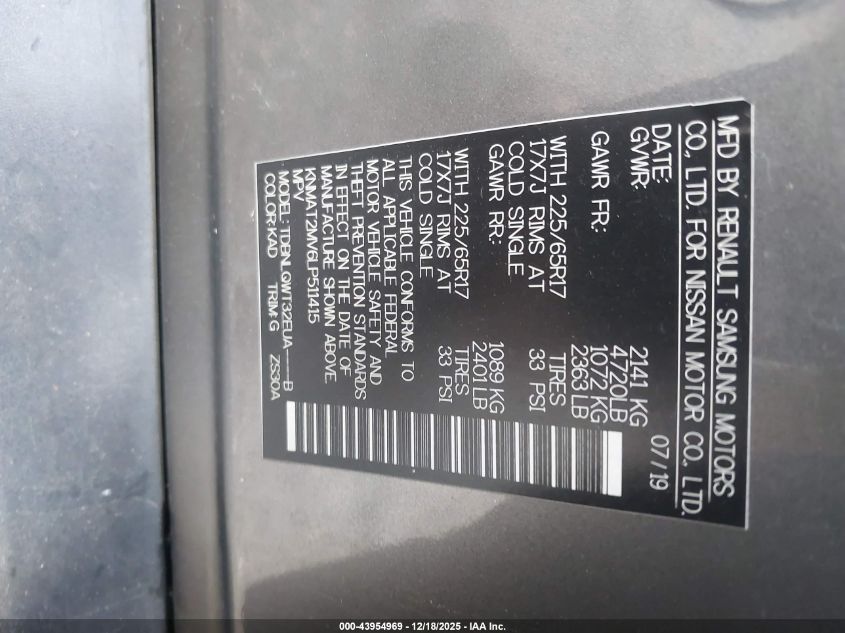 2020 Nissan Rogue Sv Intelligent Awd VIN: KNMAT2MV6LP511415 Lot: 43954969