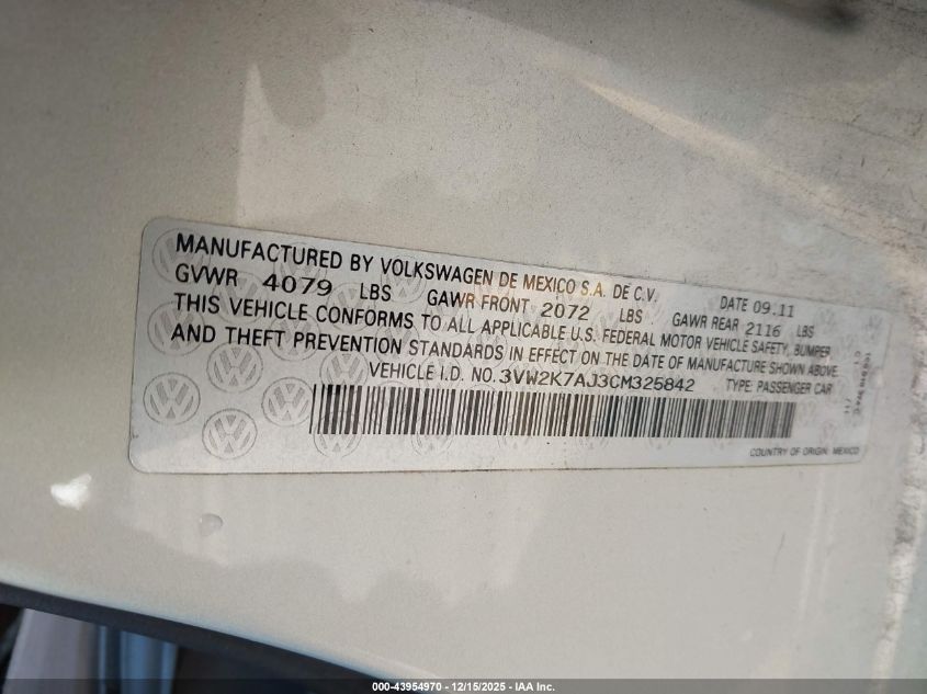 2012 Volkswagen Jetta 2.0L Base/2.0L S VIN: 3VW2K7AJ3CM325842 Lot: 43954970