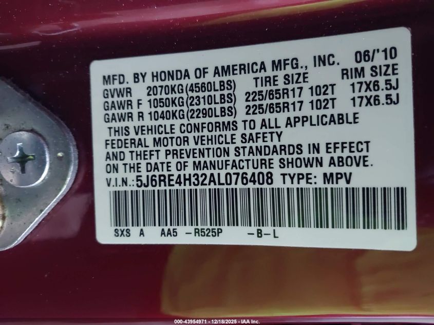 2010 Honda Cr-V Lx VIN: 5J6RE4H32AL076408 Lot: 43954971