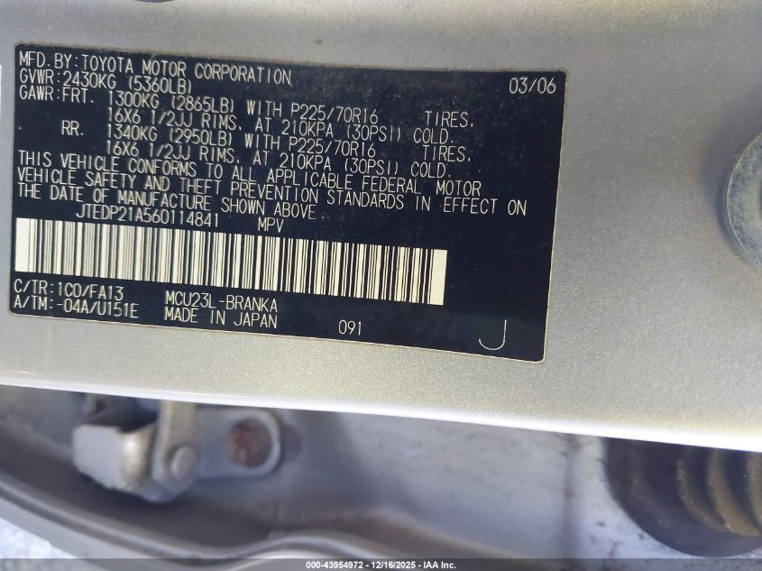 2006 Toyota Highlander V6 VIN: JTEDP21A560114841 Lot: 43954972