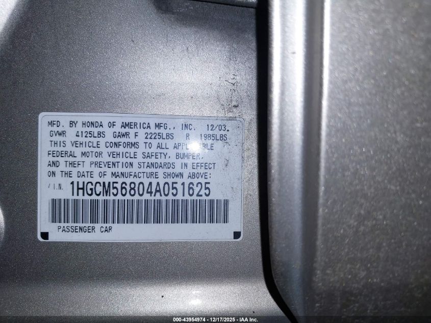 2004 Honda Accord 2.4 Ex VIN: 1HGCM56804A051625 Lot: 43954974