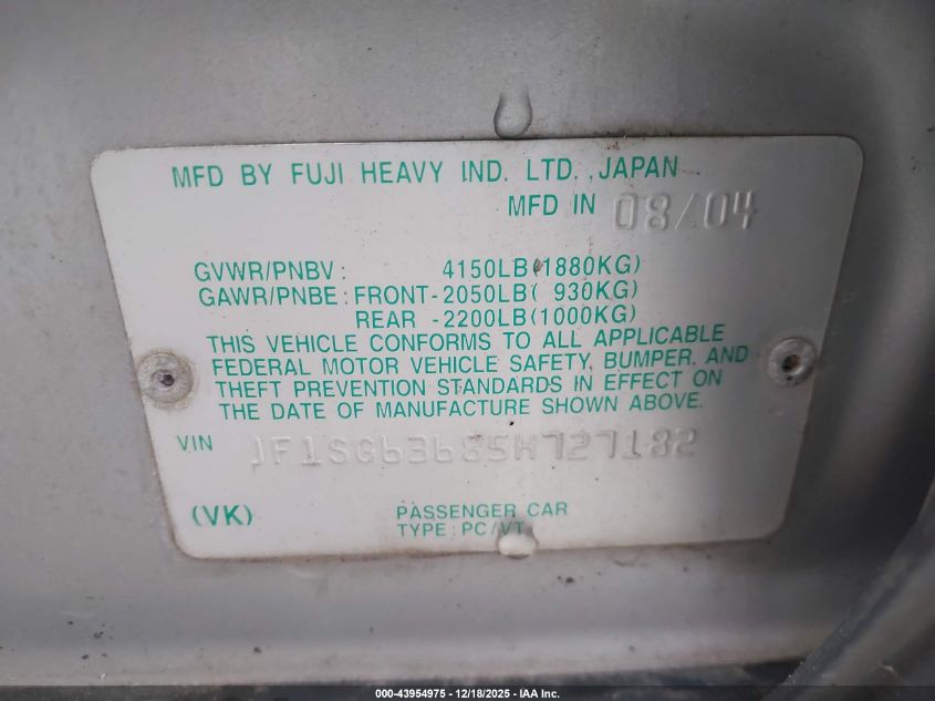 2005 Subaru Forester 2.5X VIN: JF1SG63685H727182 Lot: 43954975