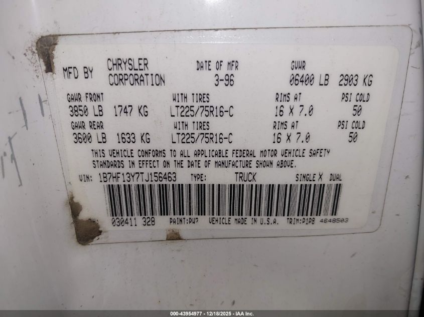 1996 Dodge Ram 1500 VIN: 1B7HF13Y7TJ156463 Lot: 43954977