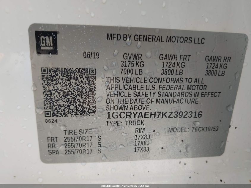 2019 Chevrolet Silverado 1500 Work Truck VIN: 1GCRYAEH7KZ392316 Lot: 43954980