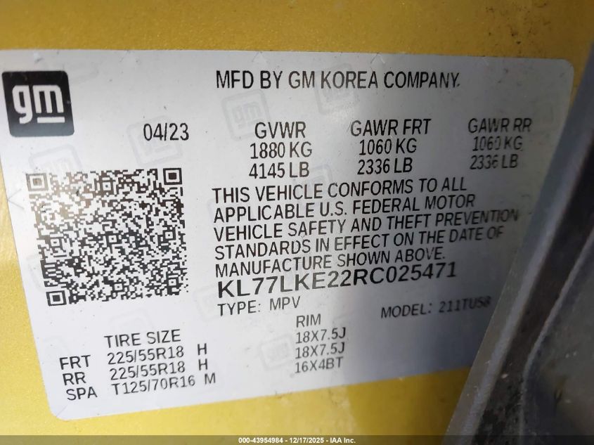 2024 Chevrolet Trax Fwd Activ VIN: KL77LKE22RC025471 Lot: 43954984