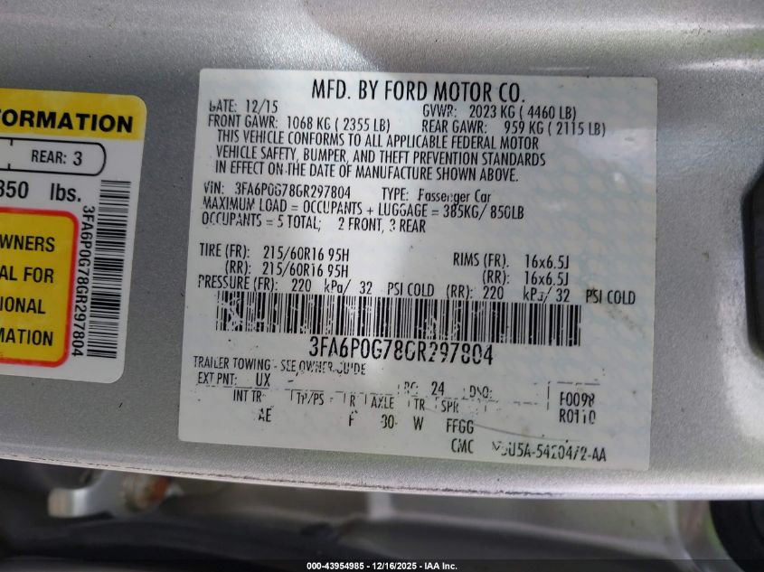 2016 Ford Fusion S VIN: 3FA6P0G78GR297804 Lot: 43954985