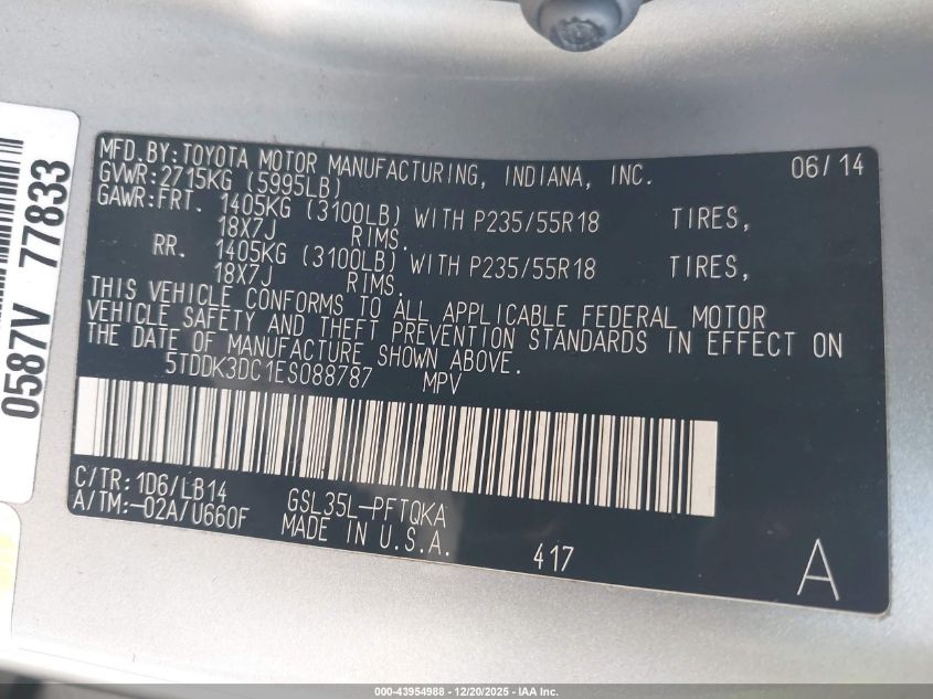 2014 Toyota Sienna Xle 7 Passenger VIN: 5TDDK3DC1ES088787 Lot: 43954988