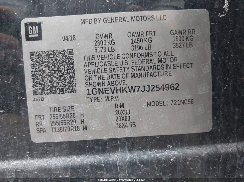 2018 Chevrolet Traverse 3Lt VIN: 1GNEVHKW7JJ254962 Lot: 43954990