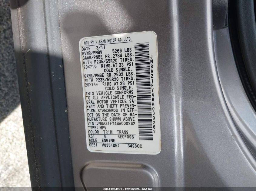 2011 Nissan Murano Crosscabriolet VIN: JN8AZ1FY4BW000262 Lot: 43954991