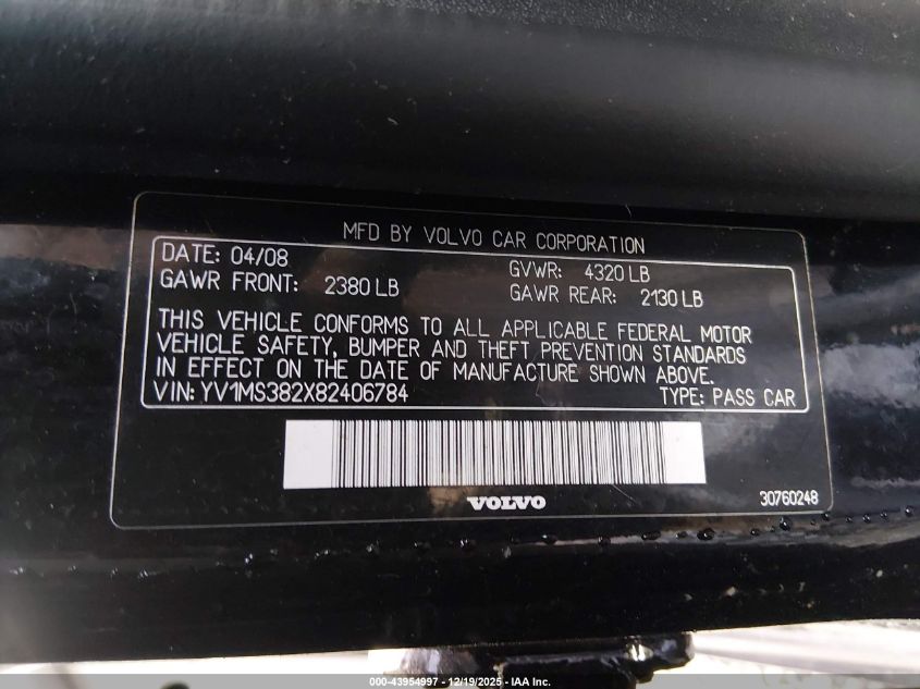 2008 Volvo S40 2.4I VIN: YV1MS382X82406784 Lot: 43954997