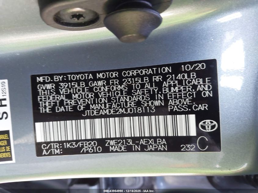 2021 Toyota Corolla Hybrid Le VIN: JTDEAMDE2MJ018113 Lot: 43954998