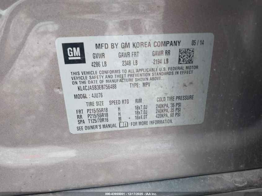 2014 Buick Encore VIN: KL4CJASB3EB756488 Lot: 43955001