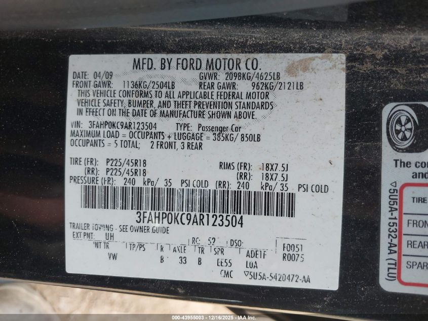 2010 Ford Fusion Sport VIN: 3FAHP0KC9AR123504 Lot: 43955003