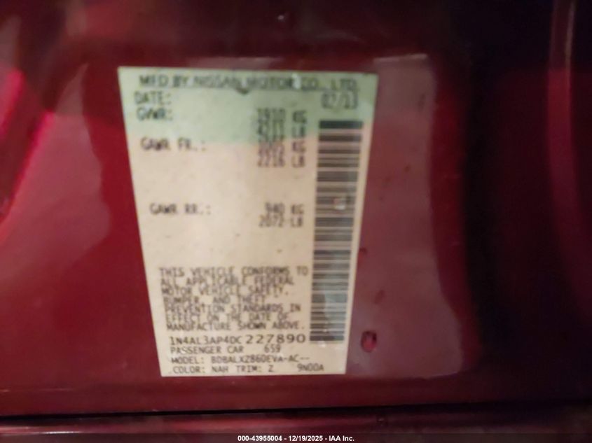 2013 Nissan Altima 2.5 Sl VIN: 1N4AL3AP4DC227890 Lot: 43955004