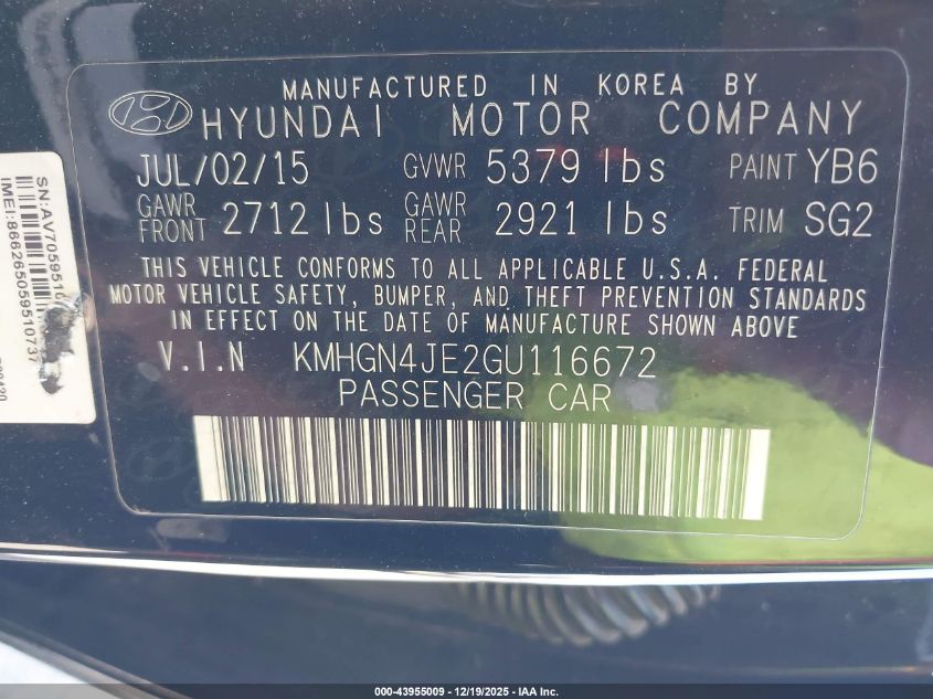 2016 Hyundai Genesis 3.8 VIN: KMHGN4JE2GU116672 Lot: 43955009