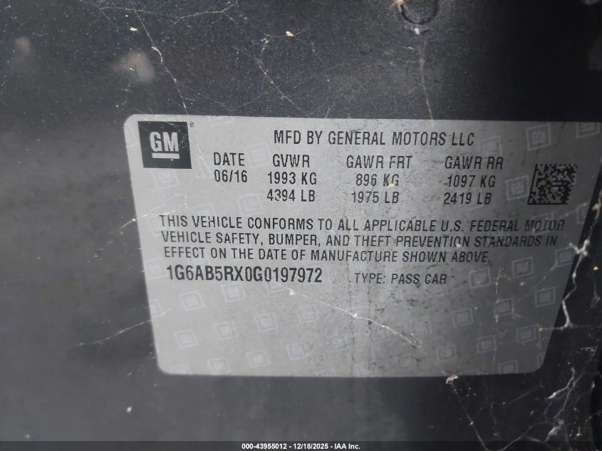 2016 Cadillac Ats Luxury Collection VIN: 1G6AB5RX0G0197972 Lot: 43955012