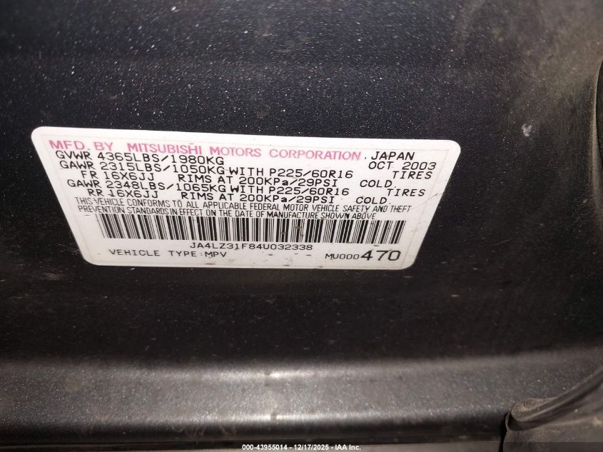 2004 Mitsubishi Outlander Ls VIN: JA4LZ31F84U032338 Lot: 43955014