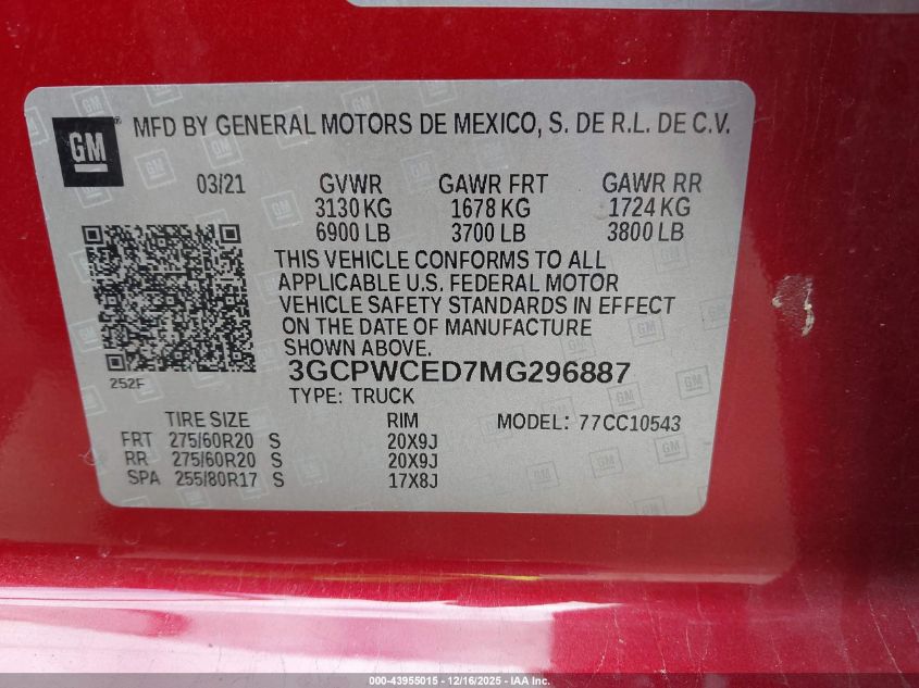 2021 Chevrolet Silverado 1500 2Wd Short Bed Lt VIN: 3GCPWCED7MG296887 Lot: 43955015