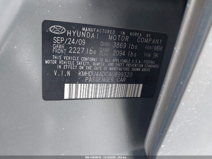 2010 Hyundai Elantra Gls VIN: KMHDU4AD0AU899320 Lot: 43955016