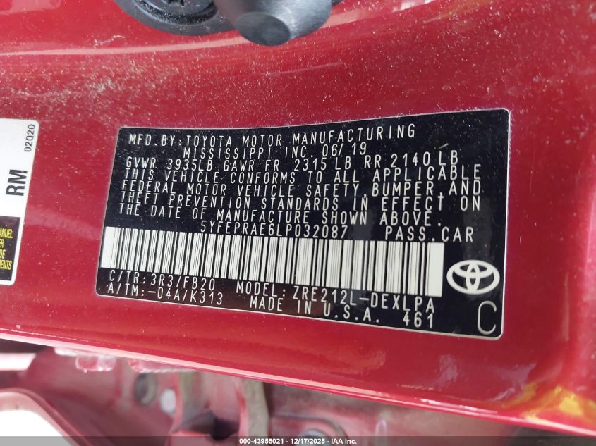 2020 Toyota Corolla Le VIN: 5YFEPRAE6LP032087 Lot: 43955021