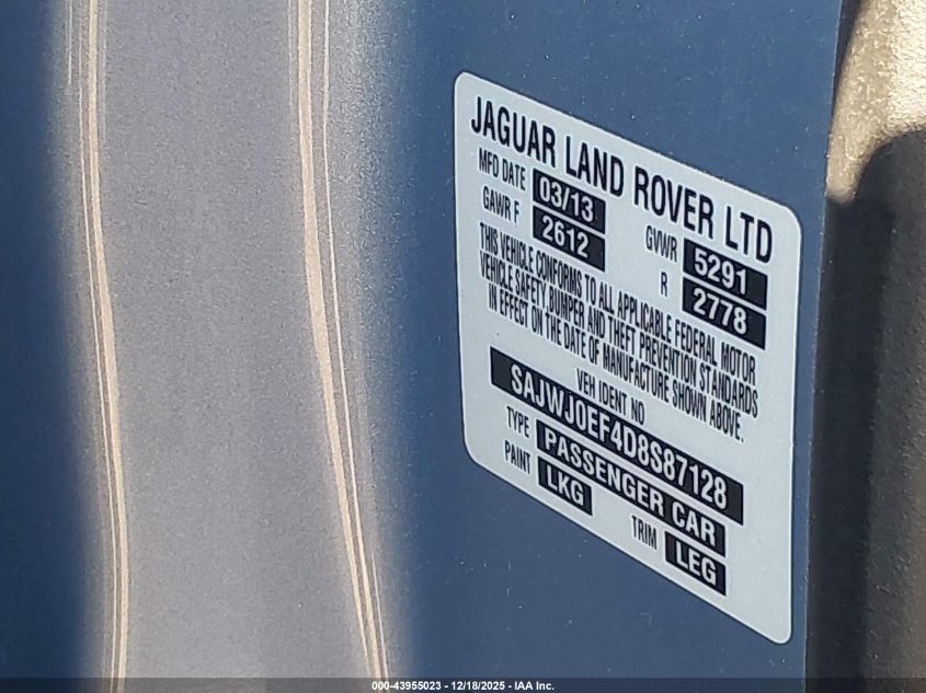 2013 Jaguar Xf V6 Sc VIN: SAJWJ0EF4D8S87128 Lot: 43955023