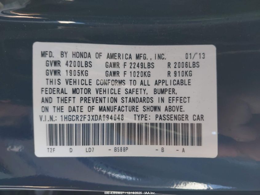 2013 Honda Accord Lx VIN: 1HGCR2F3XDA094048 Lot: 43955027