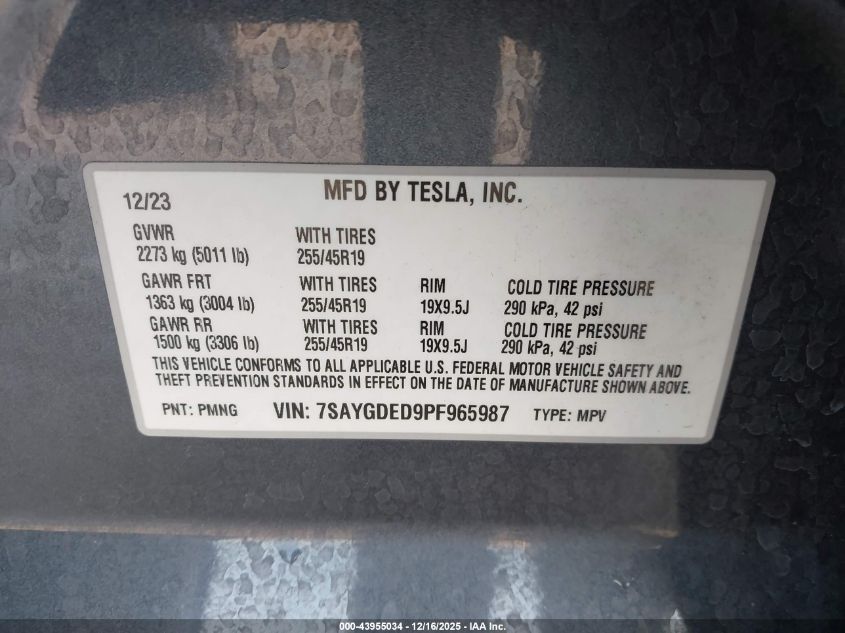 2023 Tesla Model Y Rwd VIN: 7SAYGDED9PF965987 Lot: 43955034