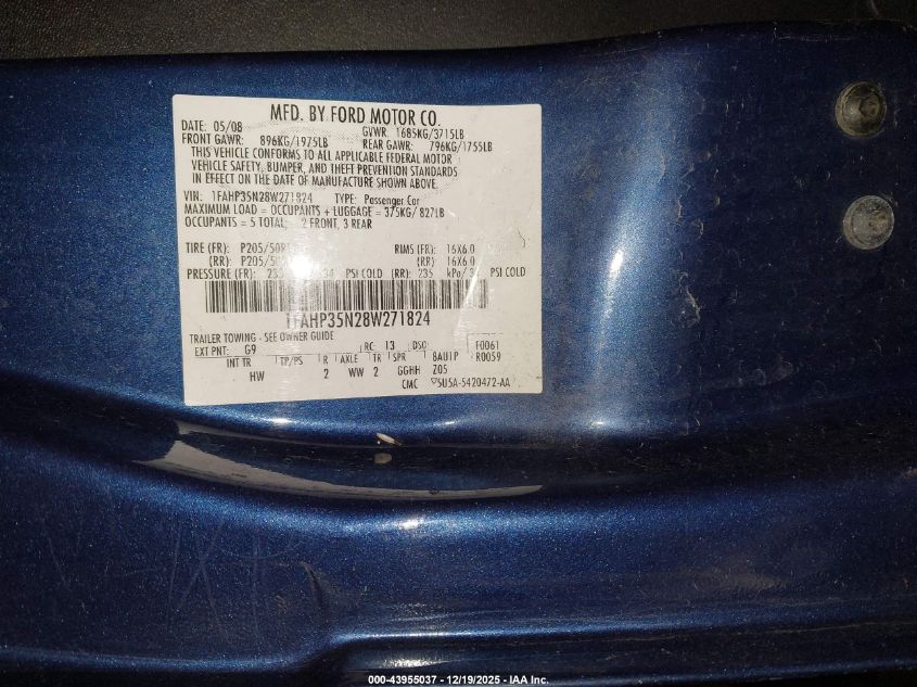 2008 Ford Focus Ses VIN: 1FAHP35N28W271824 Lot: 43955037